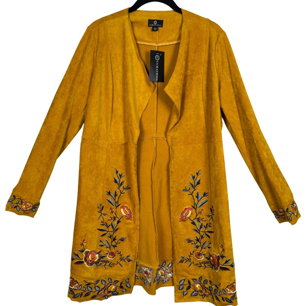 Curations Embroidered Faux‑Suede Duster Jacket Mustard Yellow Boho Western Sz XS